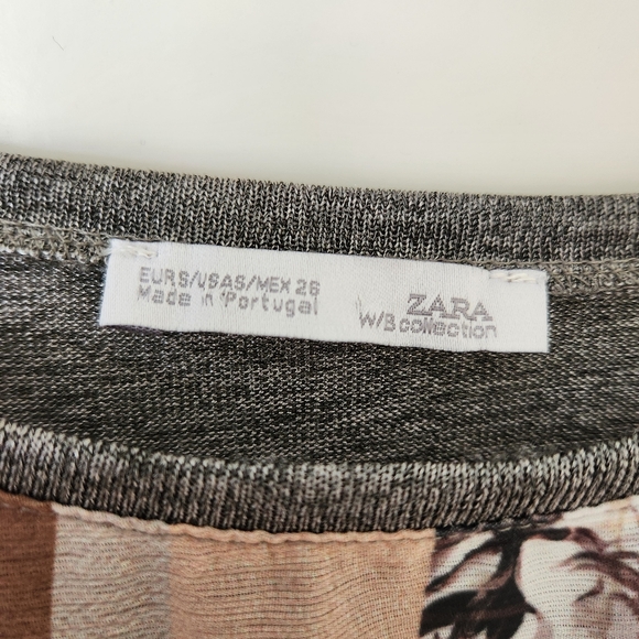 Zara Patchwork Print Top Semi Sheer Lightweight Short Sleeves Neutral Gray Small - Picture 10 of 13